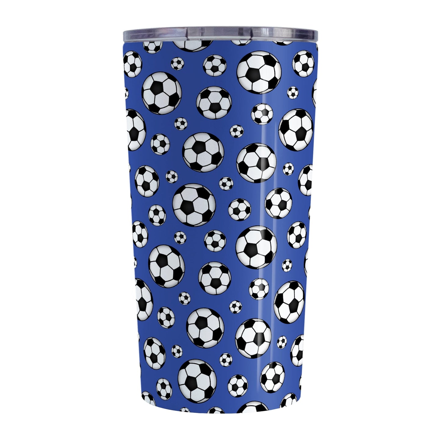 20oz Soccer Balls on Dark Blue Tumbler Cup at Amy's Coffee Mugs