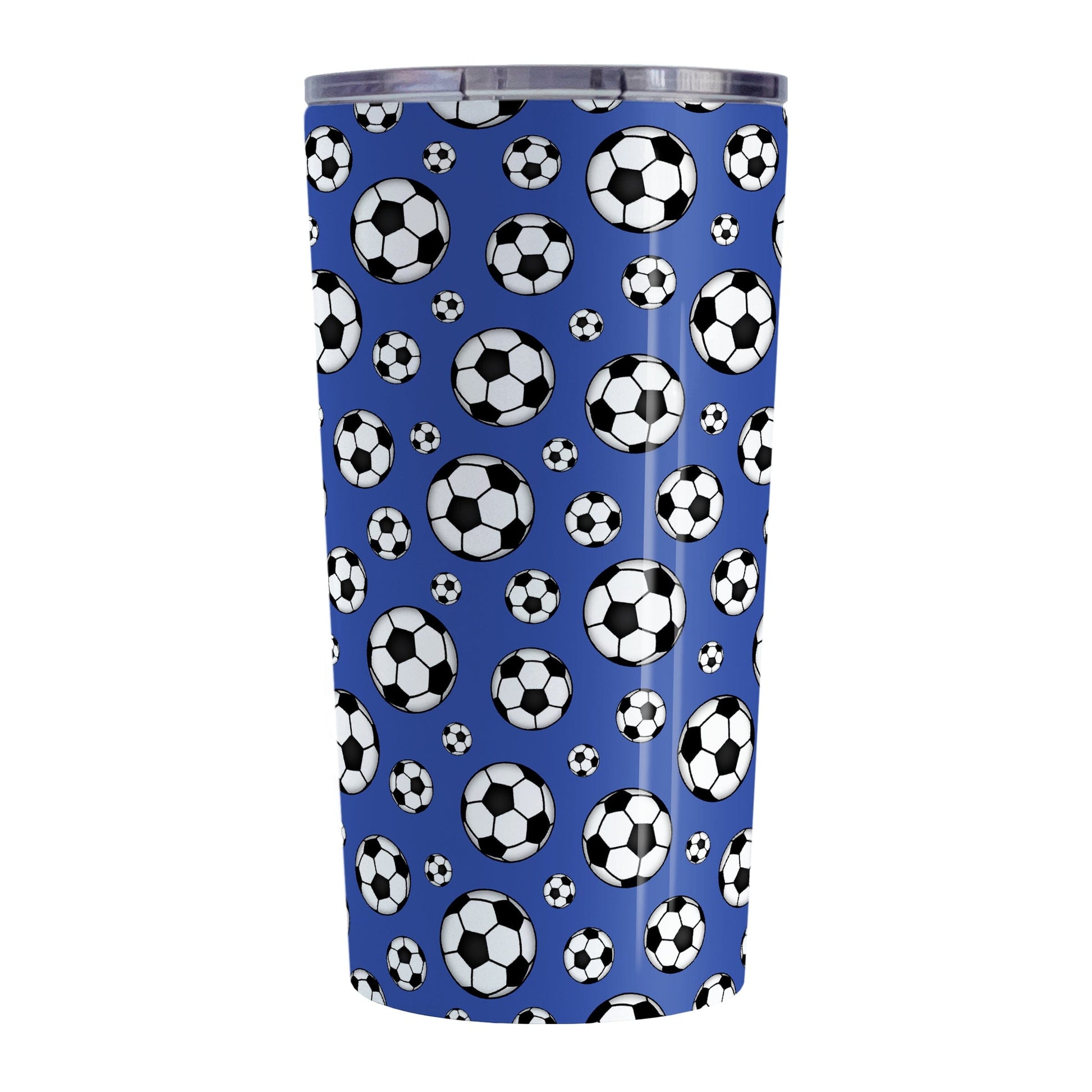 20oz Soccer Balls on Dark Blue Tumbler Cup at Amy's Coffee Mugs