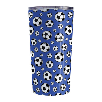 20oz Soccer Balls on Dark Blue Tumbler Cup at Amy's Coffee Mugs