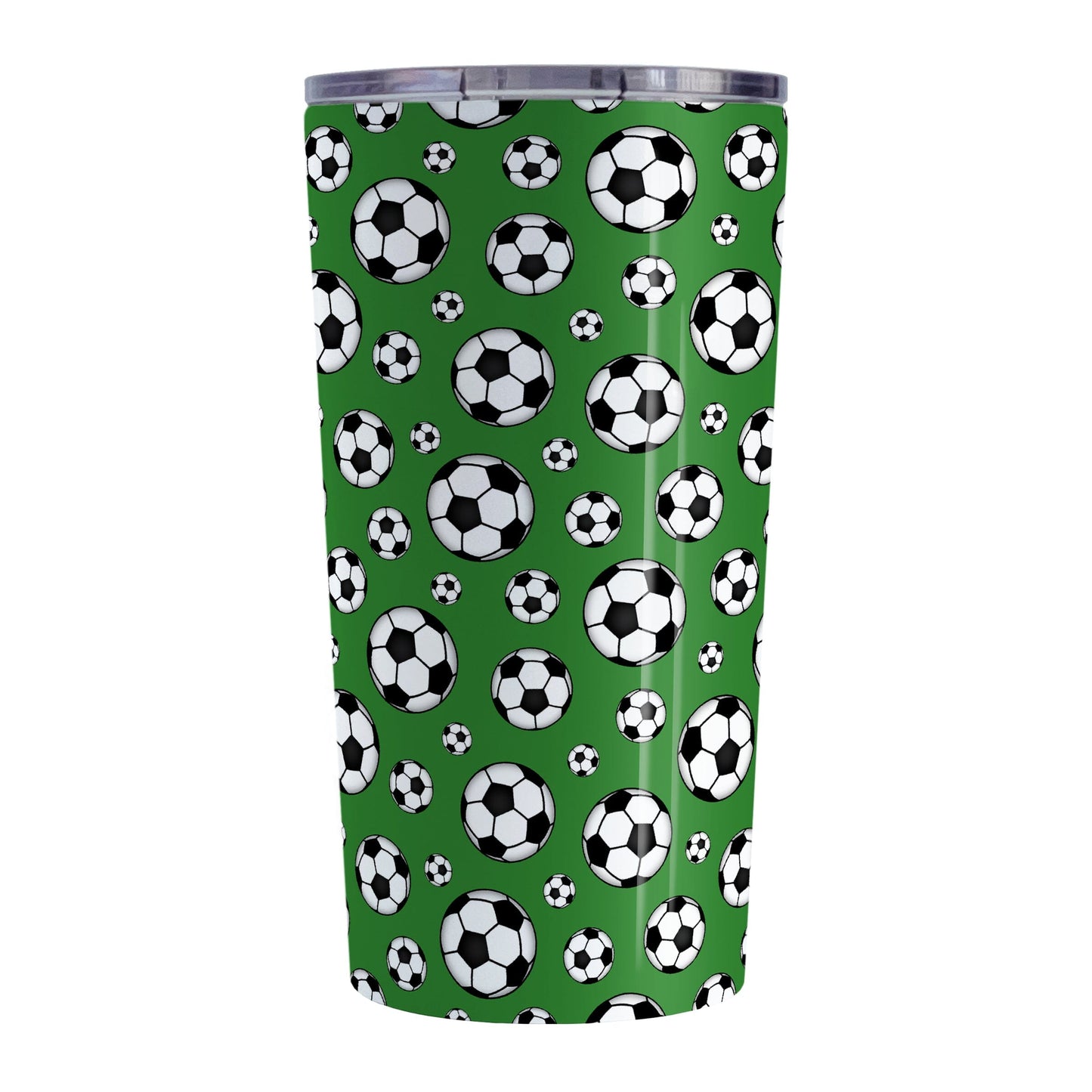 20oz Soccer Balls on Dark Green Tumbler Cup at Amy's Coffee Mugs
