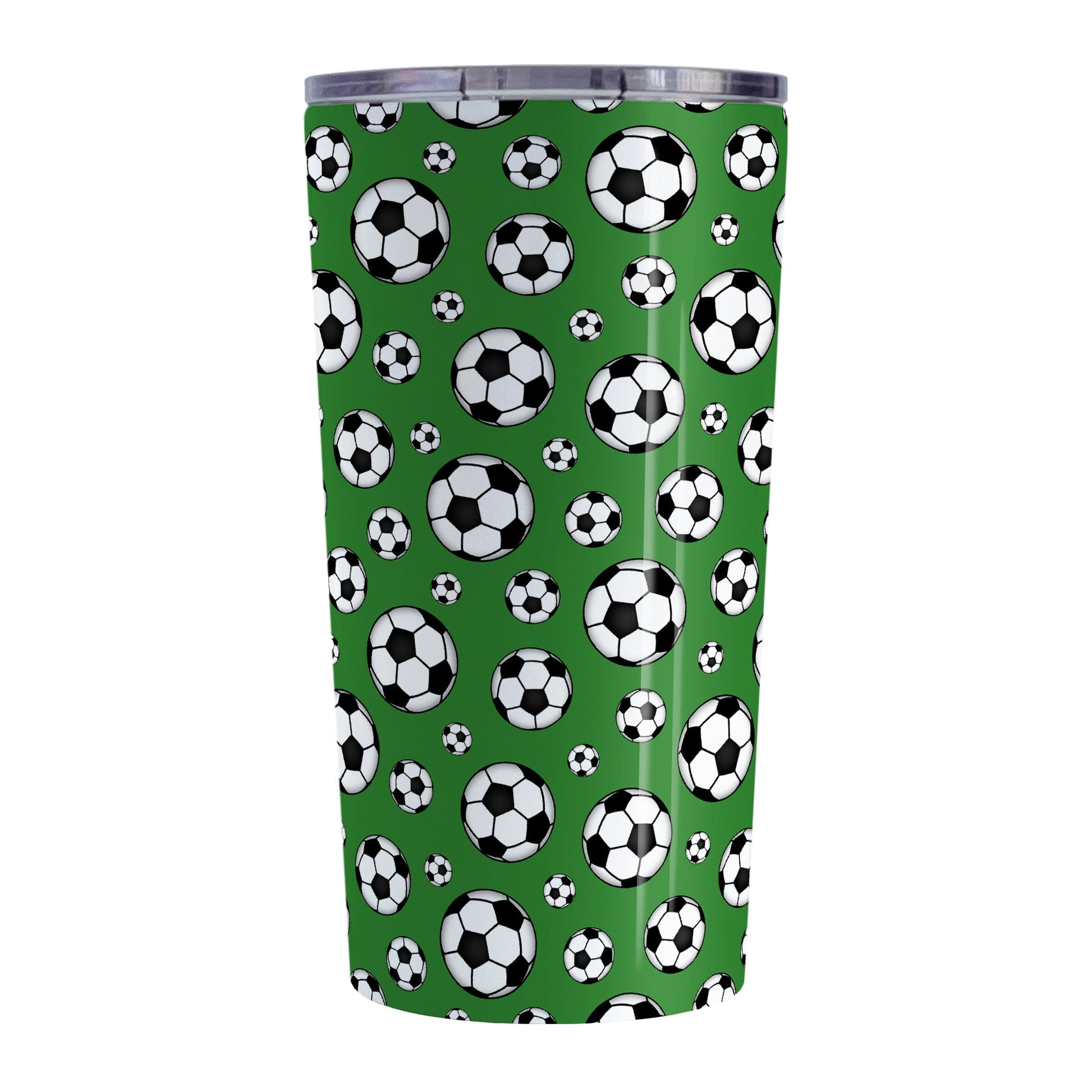 20oz Soccer Balls on Dark Green Tumbler Cup at Amy's Coffee Mugs