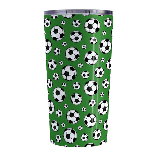 20oz Soccer Balls on Dark Green Tumbler Cup at Amy's Coffee Mugs
