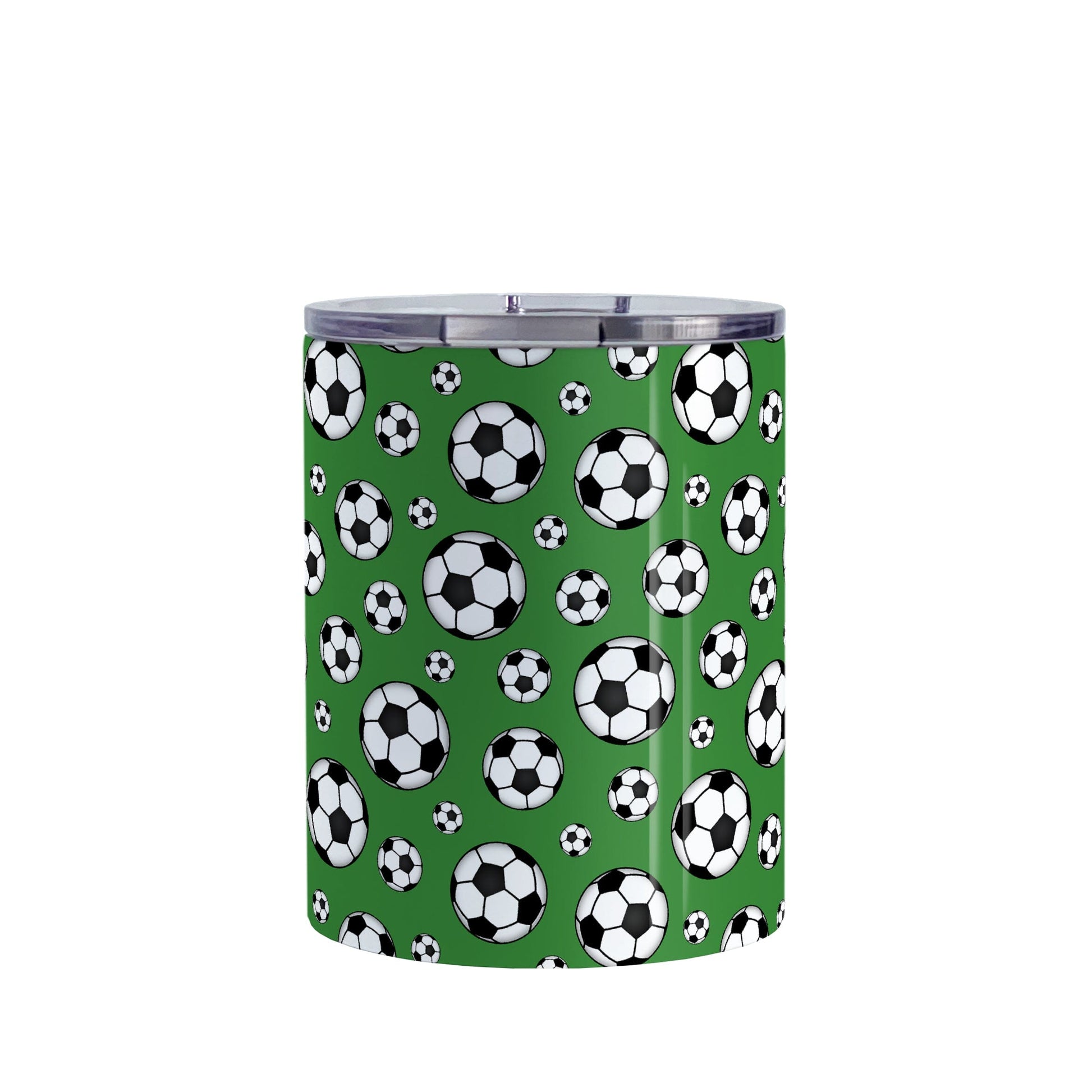 10oz Soccer Balls on Dark Green Tumbler Cup at Amy's Coffee Mugs