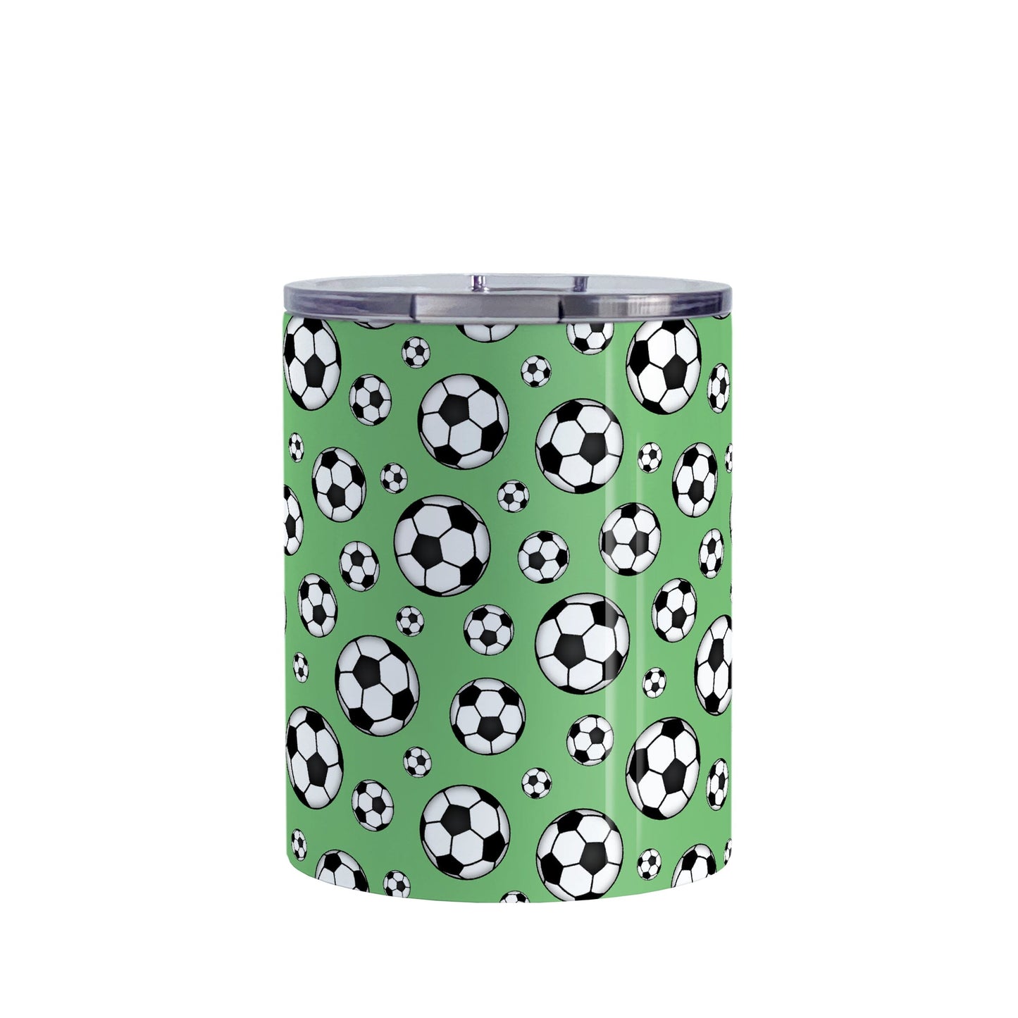 10oz Soccer Balls on Green Tumbler Cup at Amy's Coffee Mugs