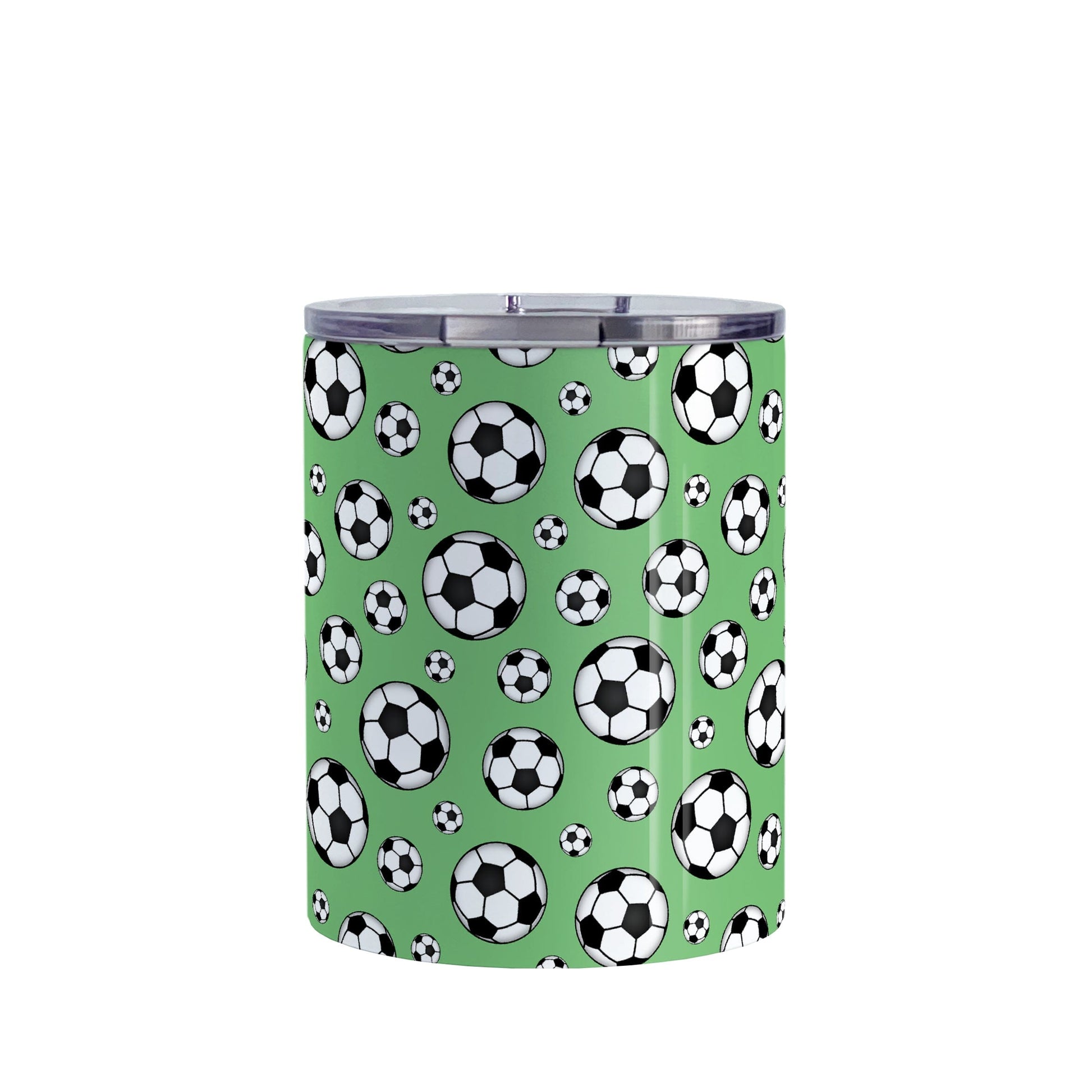 10oz Soccer Balls on Green Tumbler Cup at Amy's Coffee Mugs