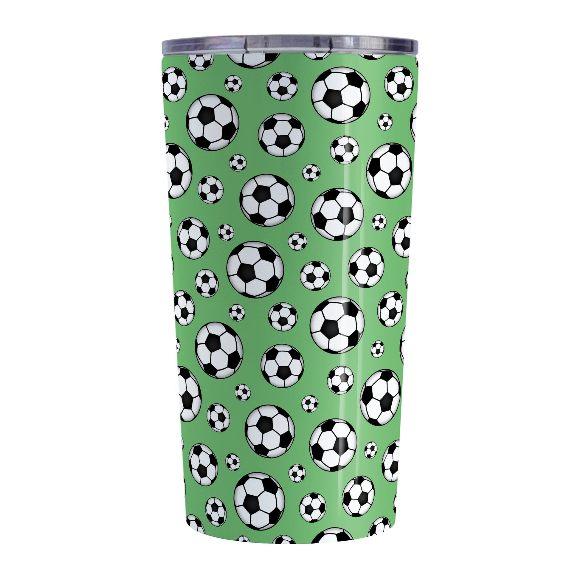 20oz Soccer Balls on Green Tumbler Cup at Amy's Coffee Mugs