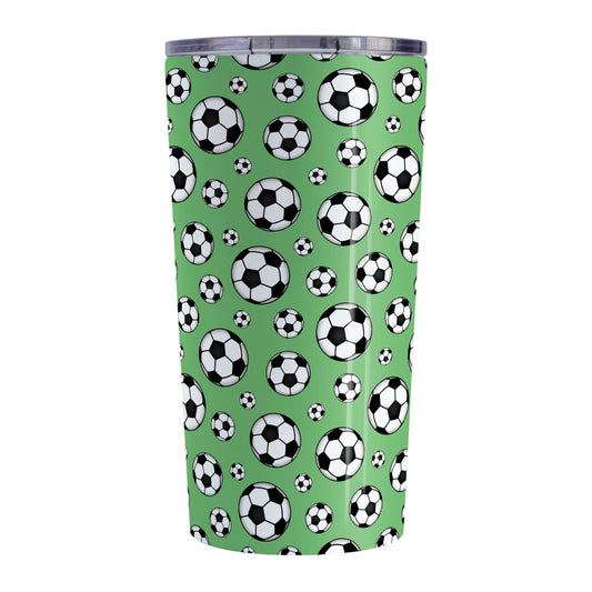 20oz Soccer Balls on Green Tumbler Cup at Amy's Coffee Mugs