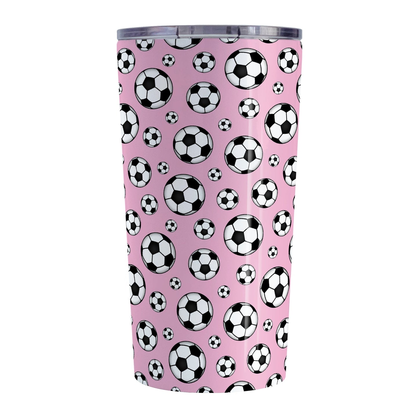 20oz Soccer Balls on Pink Tumbler Cup at Amy's Coffee Mugs
