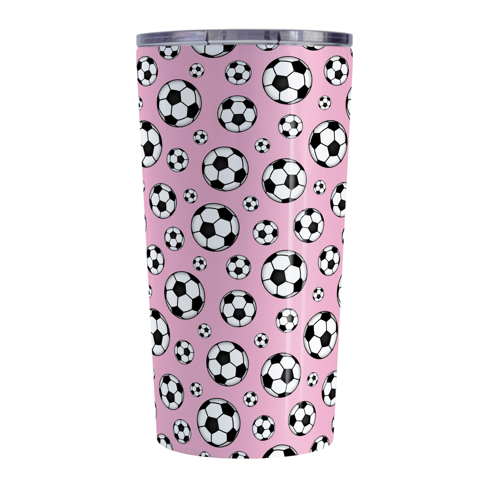 20oz Soccer Balls on Pink Tumbler Cup at Amy's Coffee Mugs