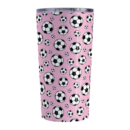 20oz Soccer Balls on Pink Tumbler Cup at Amy's Coffee Mugs