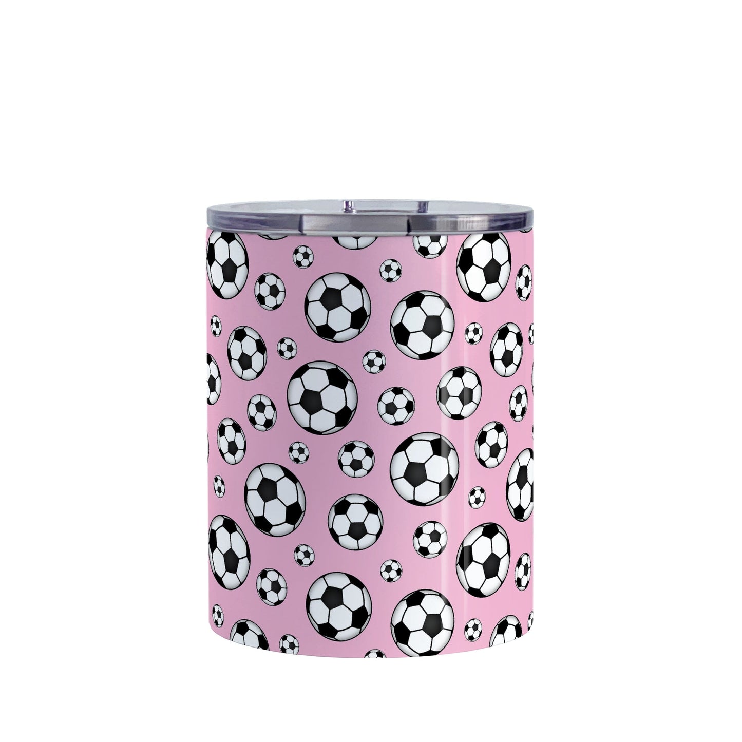 10oz Soccer Balls on Pink Tumbler Cup at Amy's Coffee Mugs