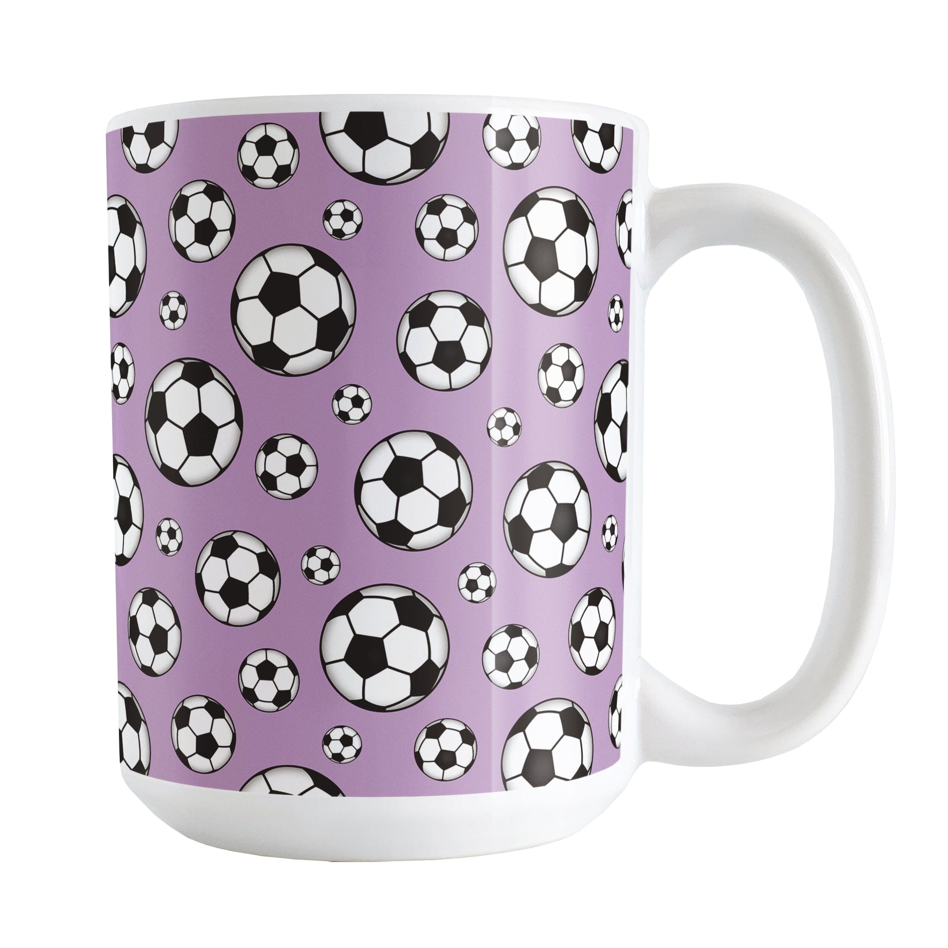 15oz white ceramic mug with a design of soccer balls over purple