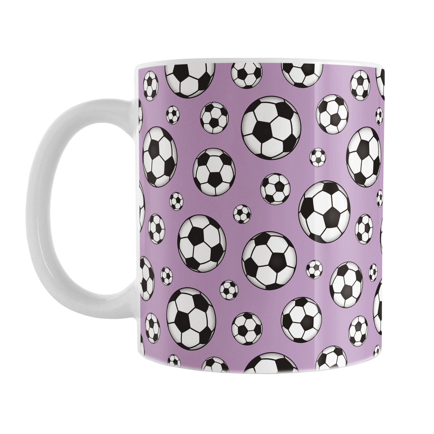 11oz white ceramic mug with a design of soccer balls over purple