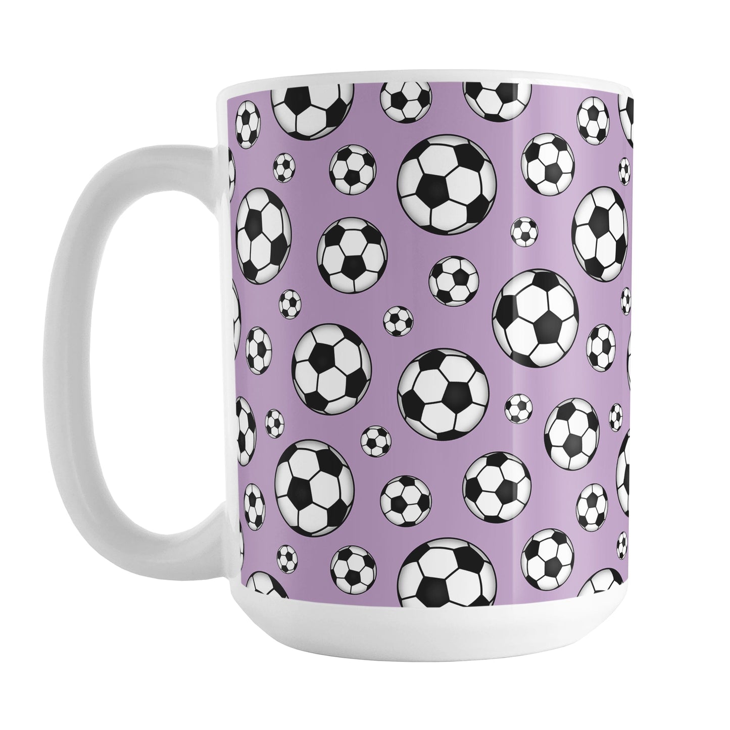 15oz white ceramic mug with a design of soccer balls over purple