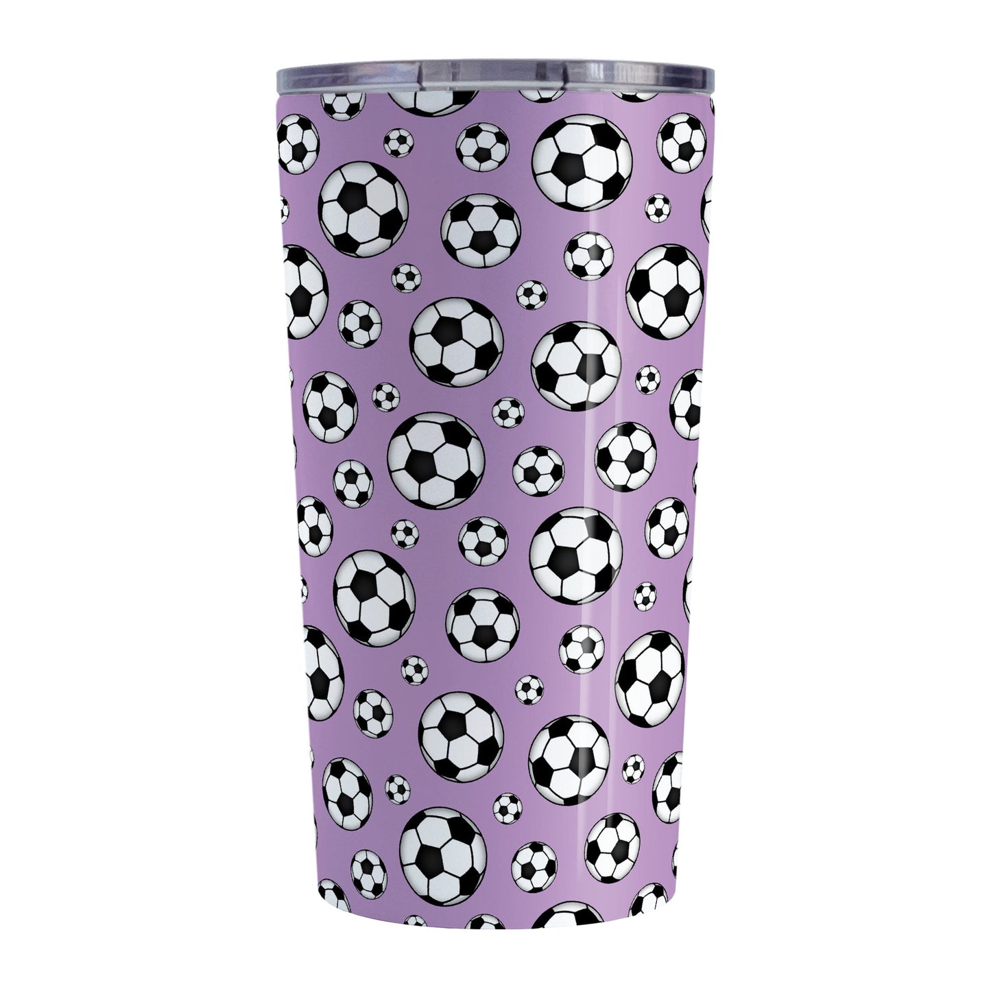 20oz Soccer Balls on Purple Tumbler Cup at Amy's Coffee Mugs