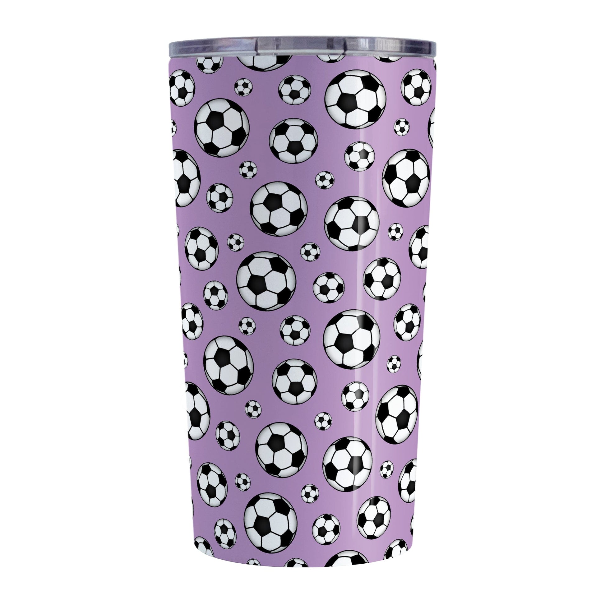 20oz Soccer Balls on Purple Tumbler Cup at Amy's Coffee Mugs