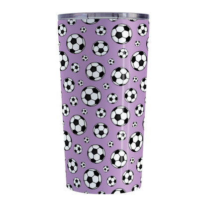 20oz Soccer Balls on Purple Tumbler Cup at Amy's Coffee Mugs