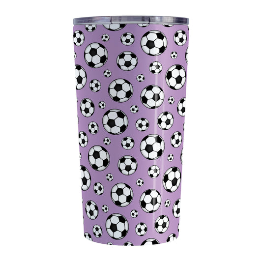 20oz Soccer Balls on Purple Tumbler Cup at Amy's Coffee Mugs