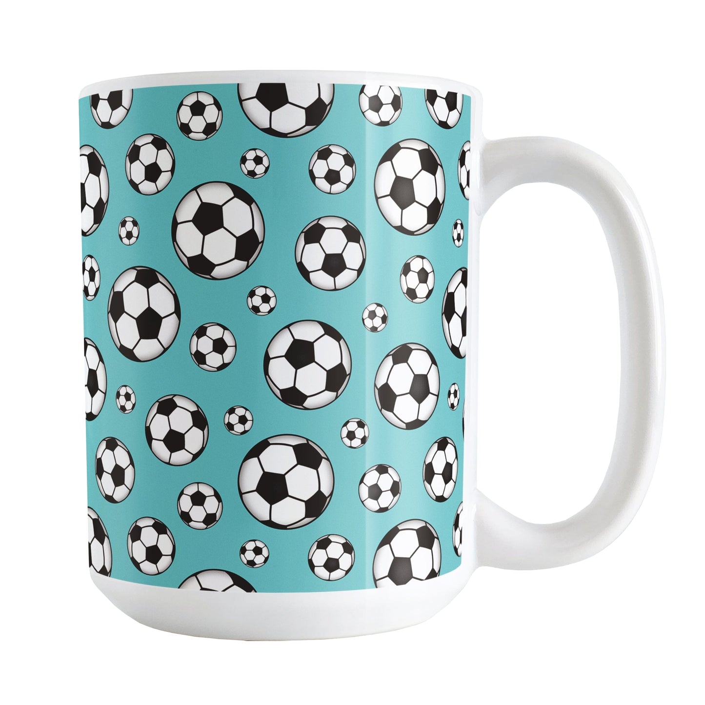 15oz white ceramic mug with a design of soccer balls over teal