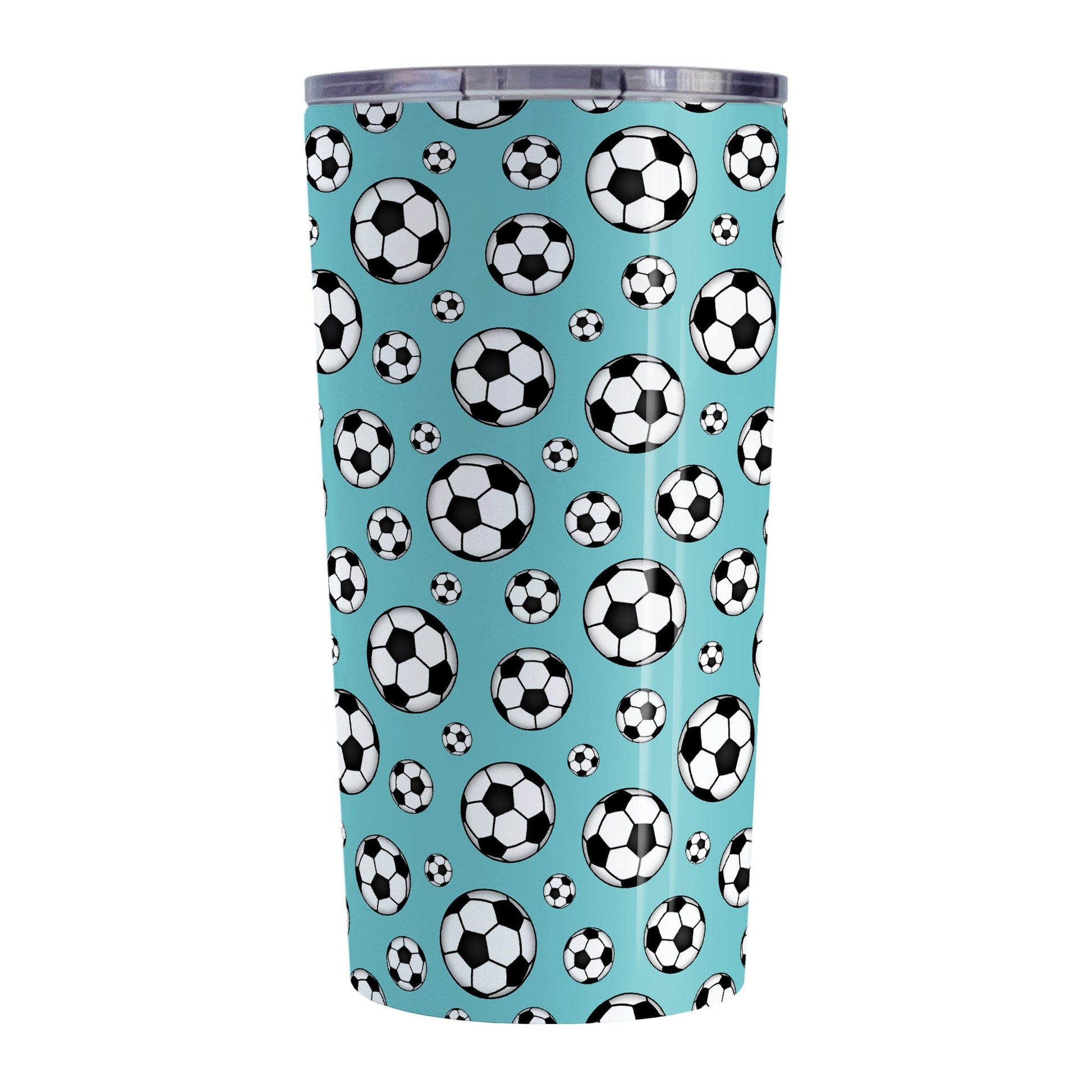 20oz Soccer Balls on Teal Tumbler Cup at Amy's Coffee Mugs