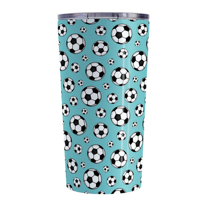 20oz Soccer Balls on Teal Tumbler Cup at Amy's Coffee Mugs