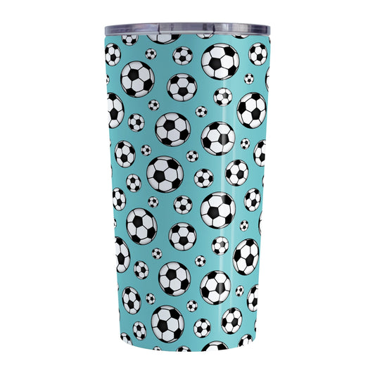 20oz Soccer Balls on Teal Tumbler Cup at Amy's Coffee Mugs
