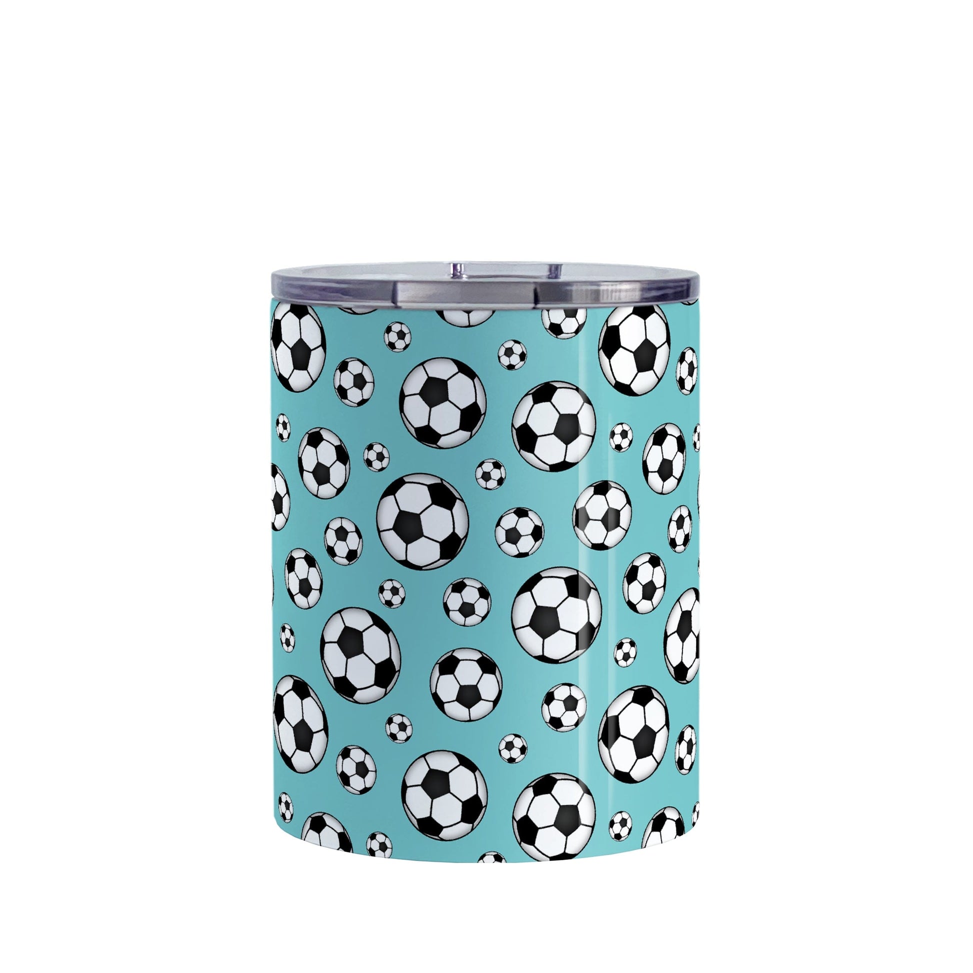 10oz Soccer Balls on Teal Tumbler Cup at Amy's Coffee Mugs