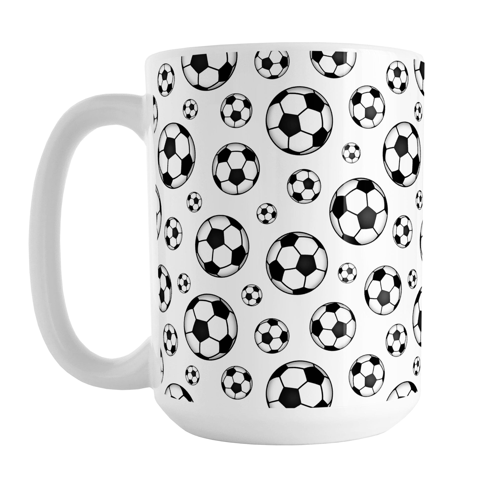 Soccer Balls Pattern Mug (15oz) at Amy's Coffee Mugs. A ceramic coffee mug designed with black and white soccer balls in varying sizes in a pattern that wraps around the mug to the handle. It's perfect for anyone who loves the game of soccer.