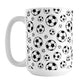 Soccer Balls Pattern Mug (15oz) at Amy's Coffee Mugs. A ceramic coffee mug designed with black and white soccer balls in varying sizes in a pattern that wraps around the mug to the handle. It's perfect for anyone who loves the game of soccer.