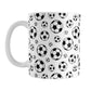 Soccer Balls Pattern Mug (11oz) at Amy's Coffee Mugs. A ceramic coffee mug designed with black and white soccer balls in varying sizes in a pattern that wraps around the mug to the handle. It's perfect for anyone who loves the game of soccer.