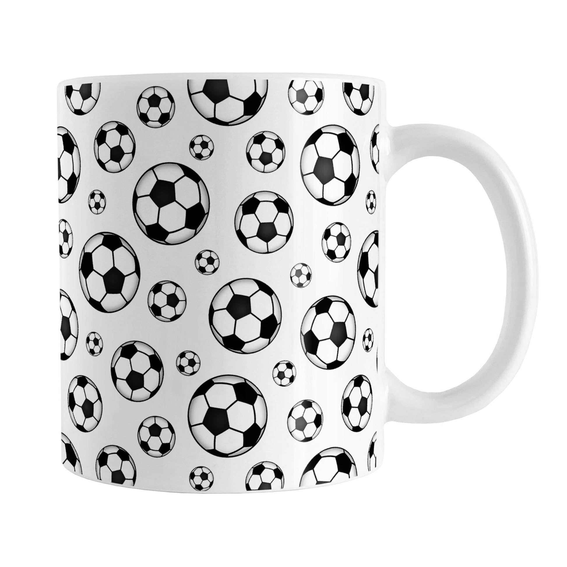 Soccer Balls Pattern Mug (11oz) at Amy's Coffee Mugs. A ceramic coffee mug designed with black and white soccer balls in varying sizes in a pattern that wraps around the mug to the handle. It's perfect for anyone who loves the game of soccer.