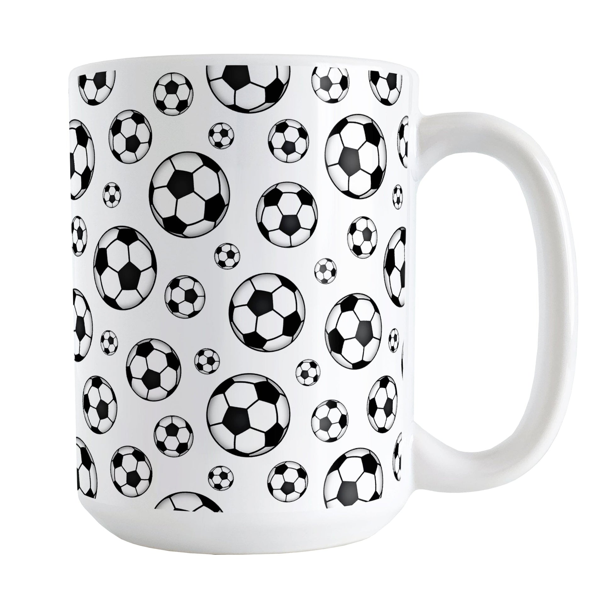 Soccer Balls Pattern Mug (15oz) at Amy's Coffee Mugs. A ceramic coffee mug designed with black and white soccer balls in varying sizes in a pattern that wraps around the mug to the handle. It's perfect for anyone who loves the game of soccer.