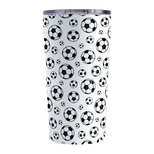 Soccer Balls Pattern Tumbler Cup (20oz) at Amy's Coffee Mugs. A stainless steel tumbler cup designed with black and white soccer balls in varying sizes in a pattern that wraps around the cup.