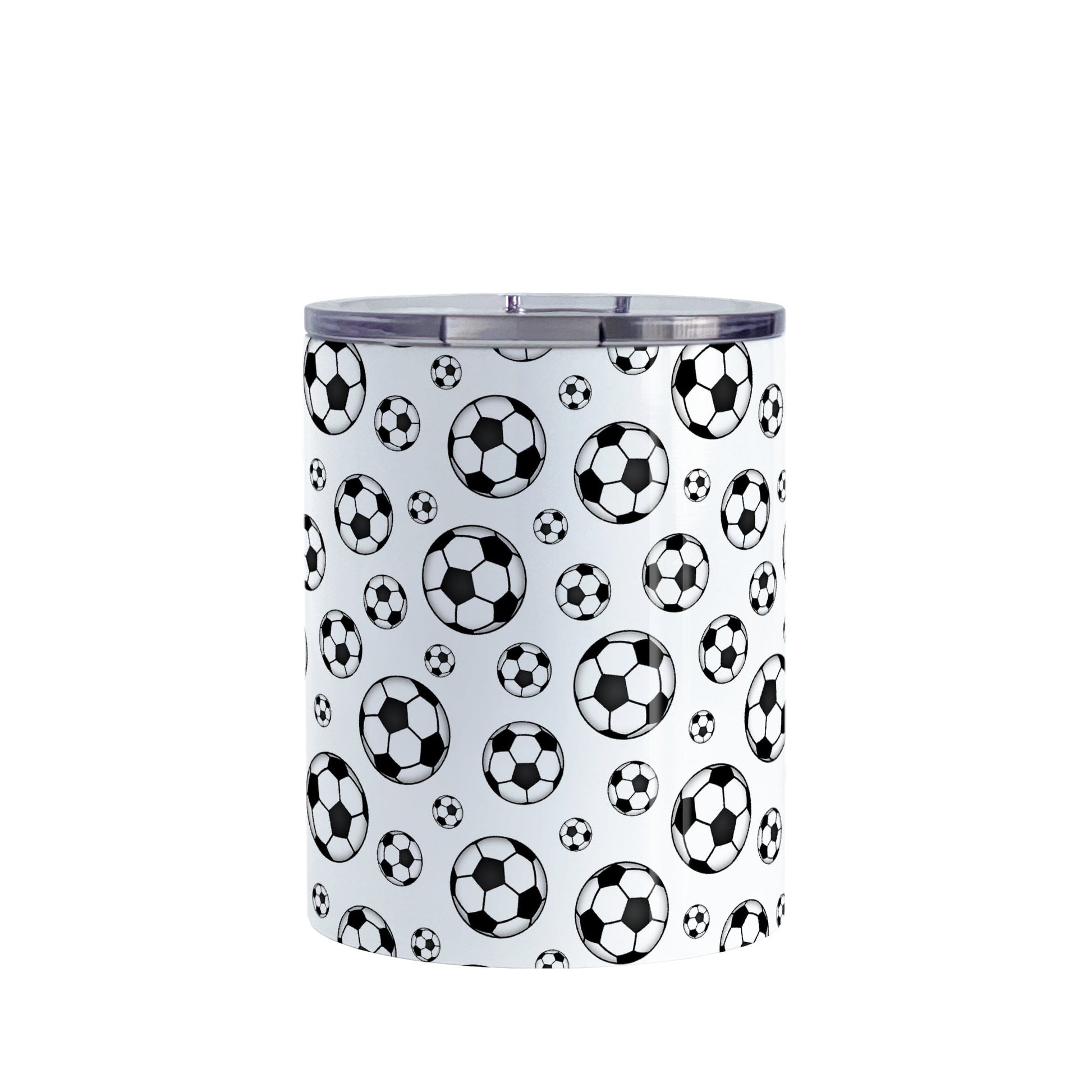 Soccer Balls Pattern Tumbler Cup (10oz) at Amy's Coffee Mugs. A stainless steel tumbler cup designed with black and white soccer balls in varying sizes in a pattern that wraps around the cup.
