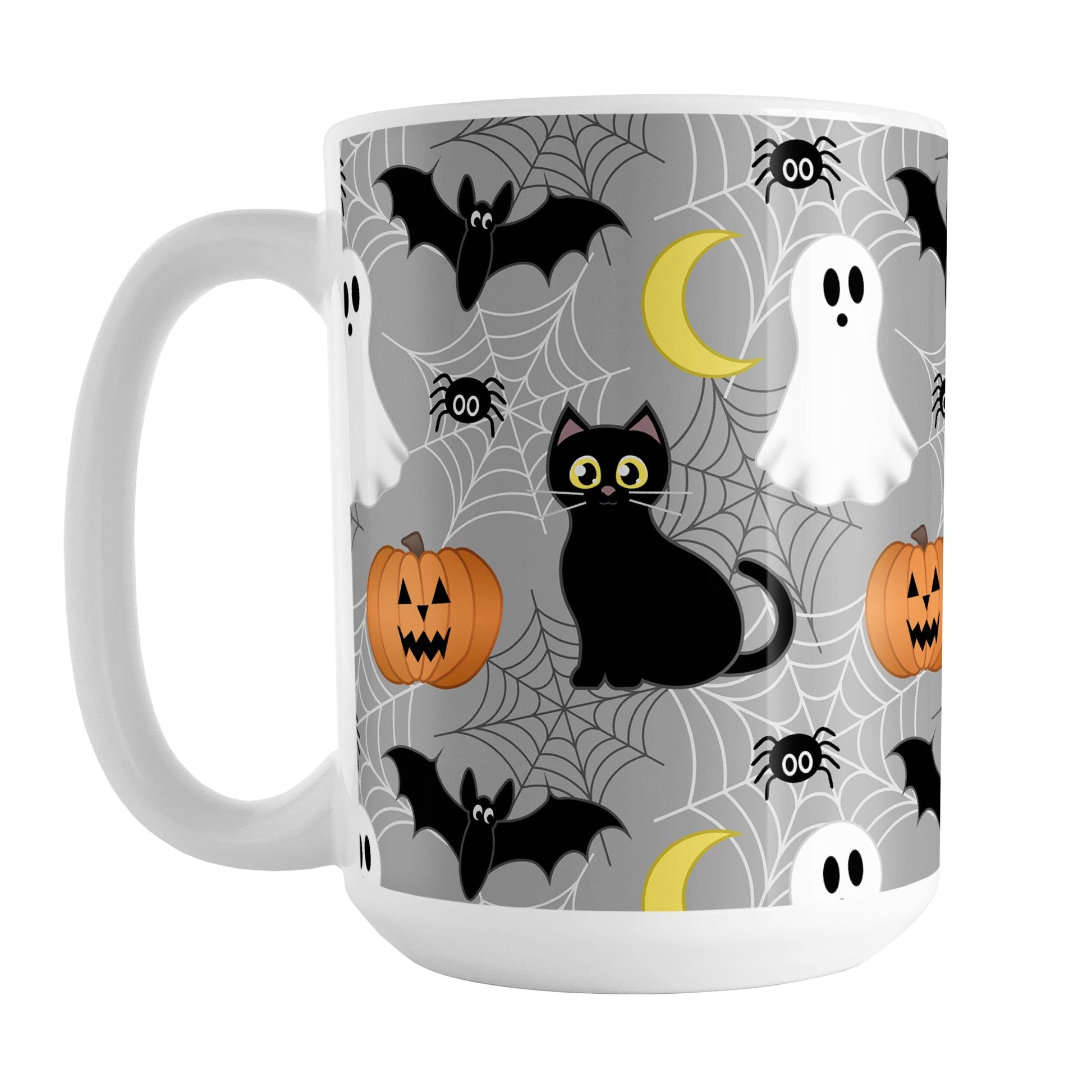 Spooky Cute Halloween Mug (15oz) at Amy's Coffee Mugs. A ceramic coffee mug designed with a cute black cat, ghost, jack o'lantern, crescent moon, bat, spider, and spider webs over a gray background color in a pattern that wraps around the mug up to the handle.