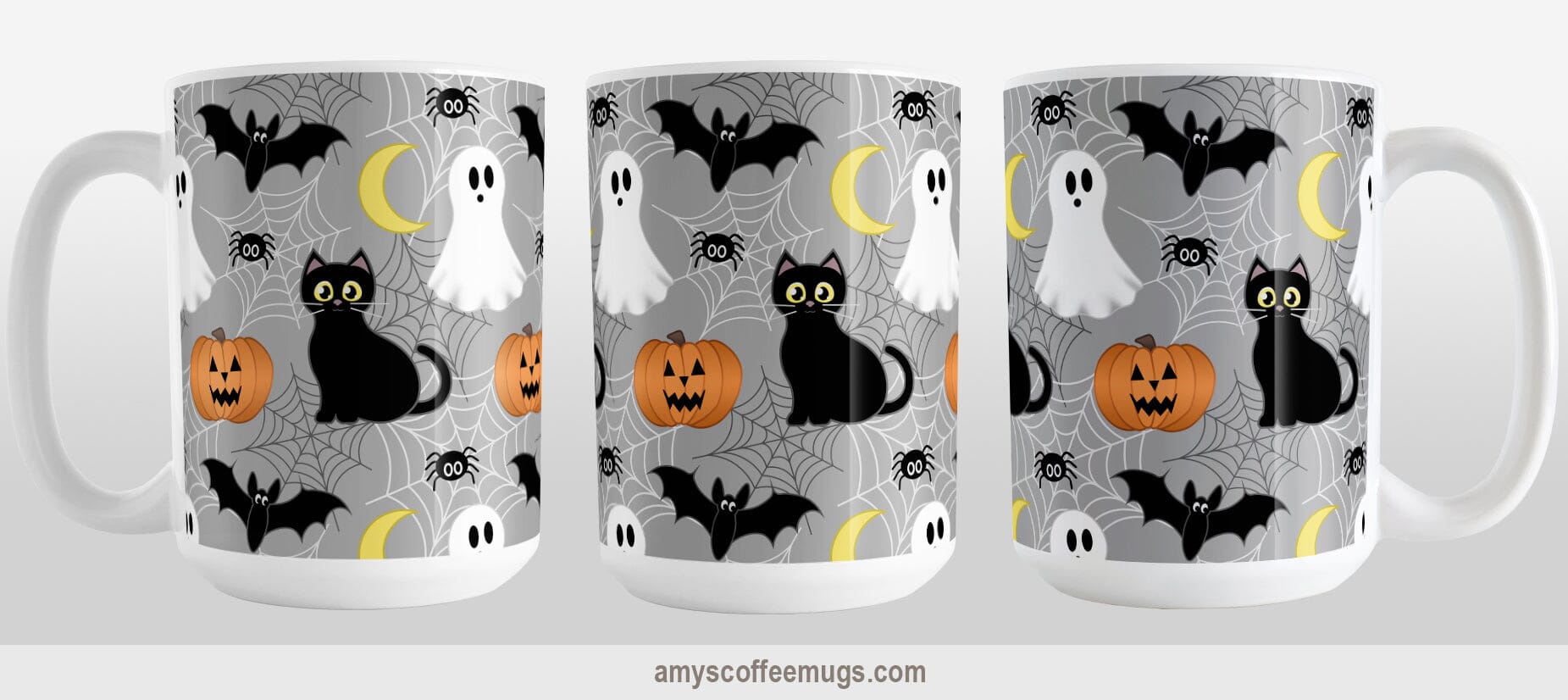 Spooky Cute Halloween Mug (15oz) at Amy's Coffee Mugs. A ceramic coffee mug designed with a cute black cat, ghost, jack o'lantern, crescent moon, bat, spider, and spider webs over a gray background color in a pattern that wraps around the mug up to the handle. Image shows three views of the mug to display the entire design.