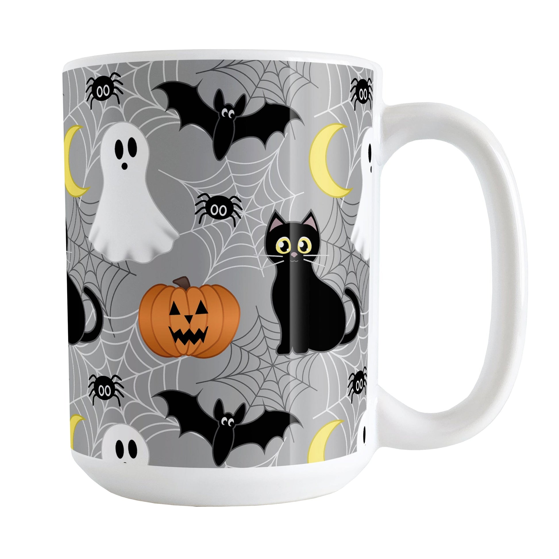 Spooky Cute Halloween Mug (15oz) at Amy's Coffee Mugs. A ceramic coffee mug designed with a cute black cat, ghost, jack o'lantern, crescent moon, bat, spider, and spider webs over a gray background color in a pattern that wraps around the mug up to the handle.