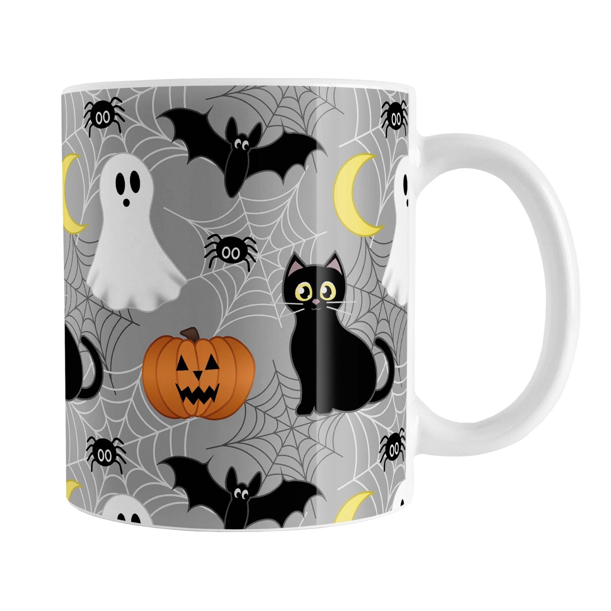 Spooky Cute Halloween Mug (11oz) at Amy's Coffee Mugs. A ceramic coffee mug designed with a cute black cat, ghost, jack o'lantern, crescent moon, bat, spider, and spider webs over a gray background color in a pattern that wraps around the mug up to the handle.