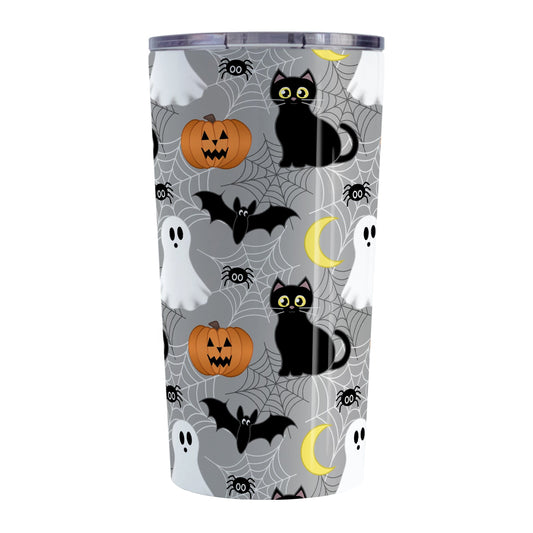 Spooky Cute Halloween Tumbler Cup (20oz) at Amy's Coffee Mugs. A tumbler cup designed with a cute black cat, ghost, jack o'lantern, crescent moon, bat, spider, and spider webs over a gray background color in a pattern that wraps around the cup.