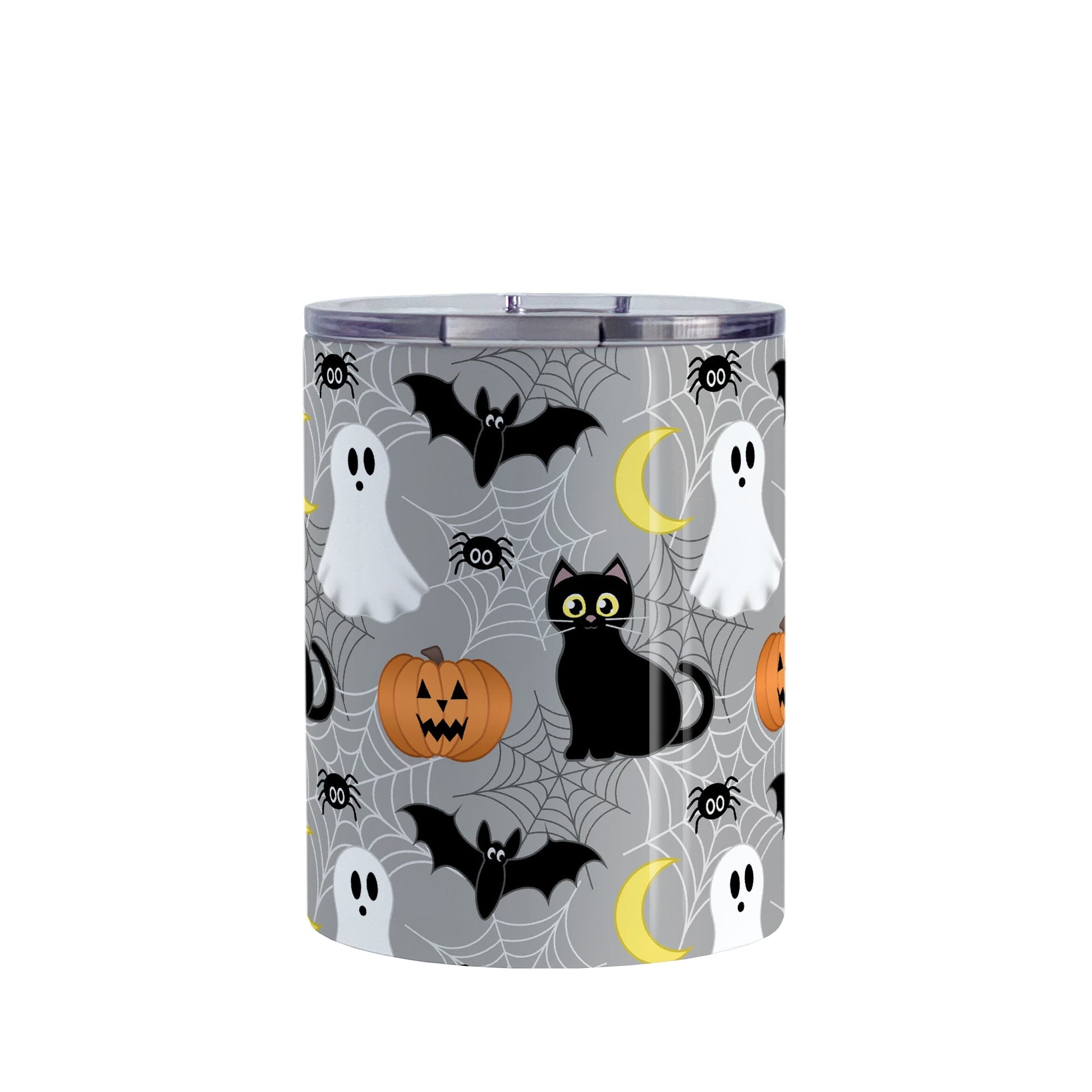 Spooky Cute Halloween Tumbler Cup (10oz) at Amy's Coffee Mugs. A tumbler cup designed with a cute black cat, ghost, jack o'lantern, crescent moon, bat, spider, and spider webs over a gray background color in a pattern that wraps around the cup.