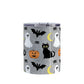 Spooky Cute Halloween Tumbler Cup (10oz) at Amy's Coffee Mugs. A tumbler cup designed with a cute black cat, ghost, jack o'lantern, crescent moon, bat, spider, and spider webs over a gray background color in a pattern that wraps around the cup.