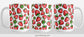 Strawberries Mug (15oz) at Amy's Coffee Mugs. A ceramic coffee mug featuring a print of hand-drawn strawberries in red and green in an assorted pattern that wraps around the mug up to the handle. Image shows three views of the mug to display the entire design.