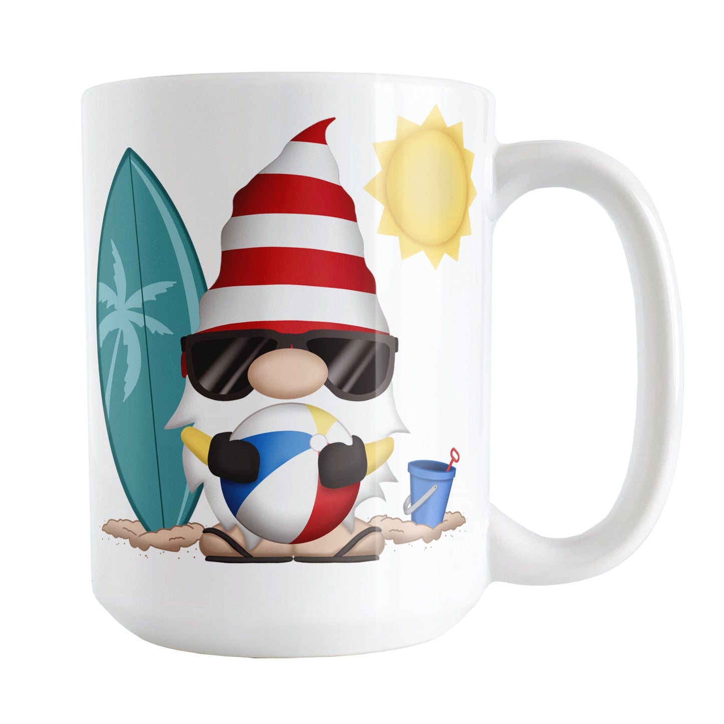 Summer Beach Gnome Mug (15oz) at Amy's Coffee Mugs. A ceramic coffee mug designed with an adorable gnome in sunglasses, holding a beach ball, with a surfboard and bucket in the sand on either side of him, and a bright yellow sun in the sky. This cute gnome is on both sides of the mug.