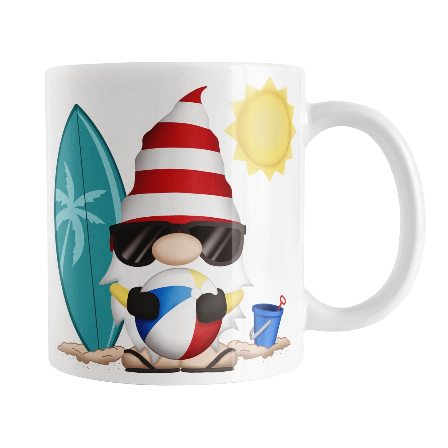 Summer Beach Gnome Mug (11oz) at Amy's Coffee Mugs. A ceramic coffee mug designed with an adorable gnome in sunglasses, holding a beach ball, with a surfboard and bucket in the sand on either side of him, and a bright yellow sun in the sky. This cute gnome is on both sides of the mug.