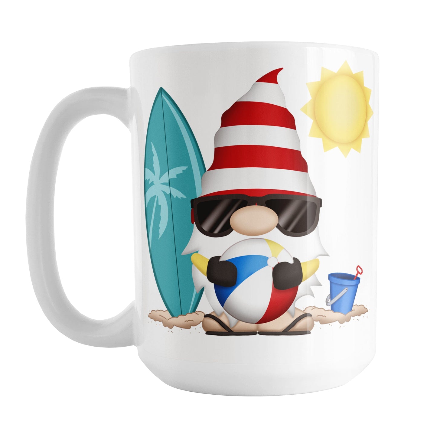 Summer Beach Gnome Mug (15oz) at Amy's Coffee Mugs. A ceramic coffee mug designed with an adorable gnome in sunglasses, holding a beach ball, with a surfboard and bucket in the sand on either side of him, and a bright yellow sun in the sky. This cute gnome is on both sides of the mug.