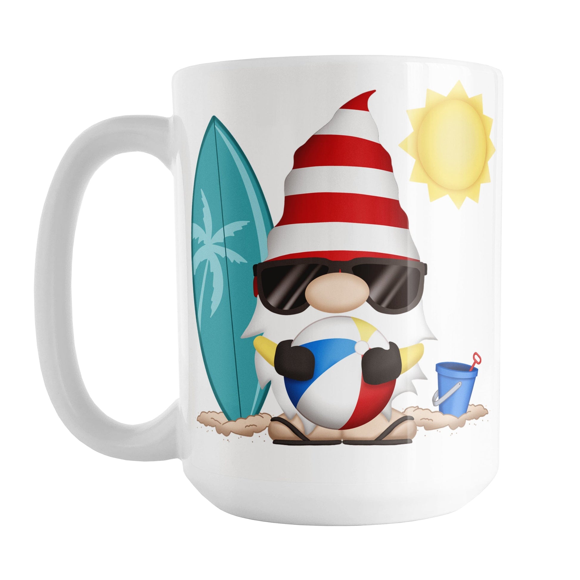 Summer Beach Gnome Mug (15oz) at Amy's Coffee Mugs. A ceramic coffee mug designed with an adorable gnome in sunglasses, holding a beach ball, with a surfboard and bucket in the sand on either side of him, and a bright yellow sun in the sky. This cute gnome is on both sides of the mug.