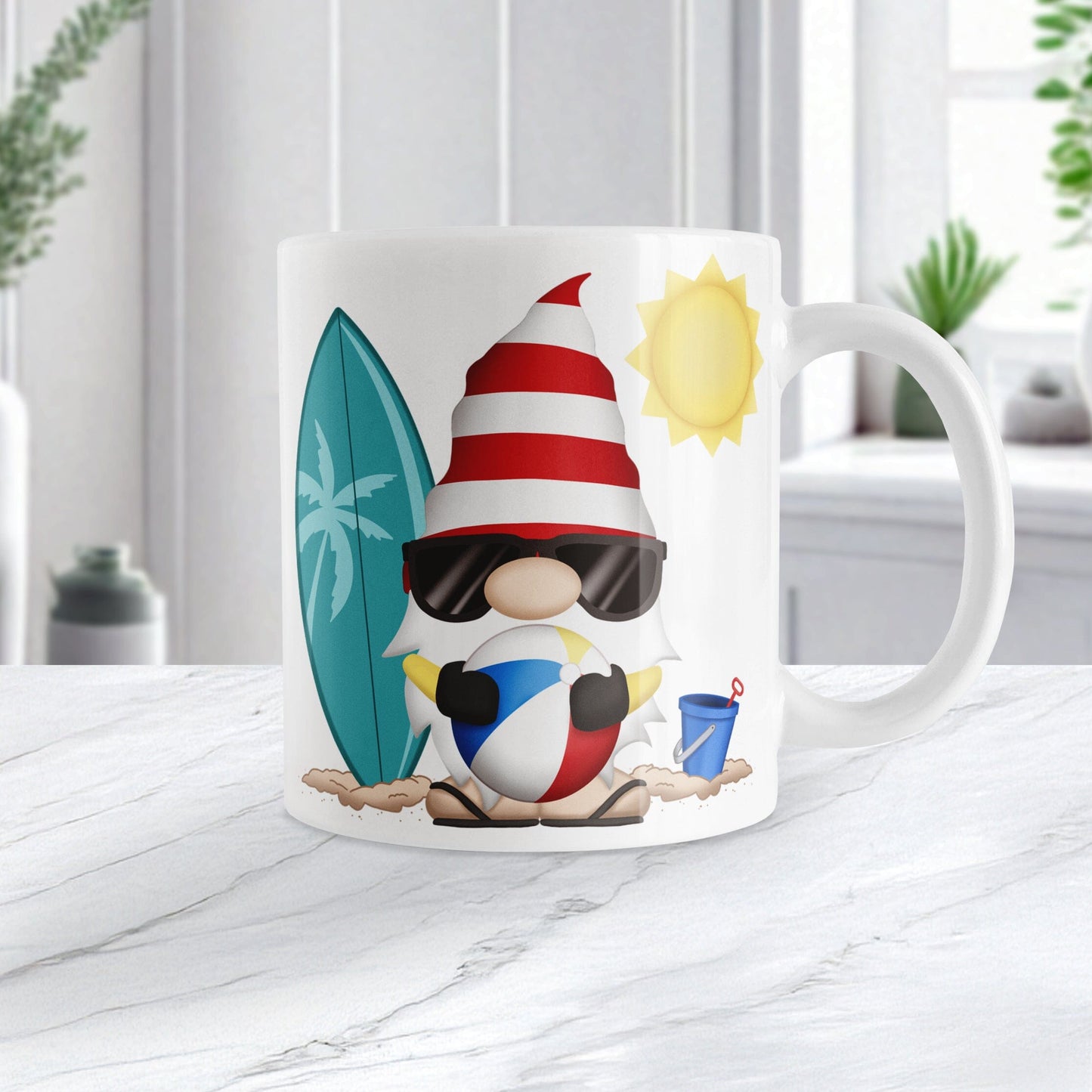 Mug with a summer-themed design featuring a gnome, surfboard, and beach ball on a white surface.