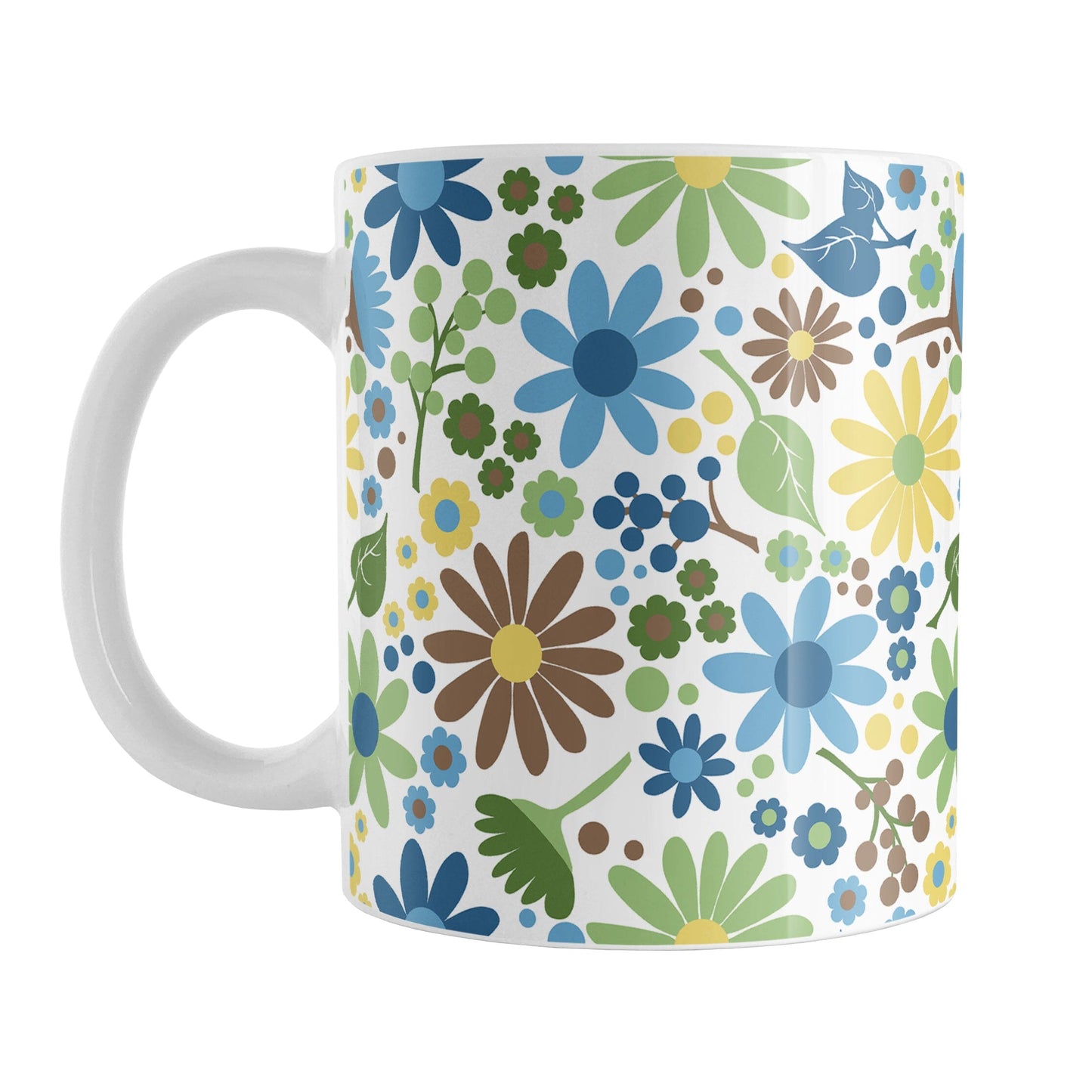 Sunny Summer Flowers Mug (11oz) at Amy's Coffee Mugs. A ceramic coffee mug designed with pretty floral wildflowers in a gorgeous summer color palette, with yellow, blue, green, and brown flowers and leaves in a pattern that wraps around the mug up to the handle.