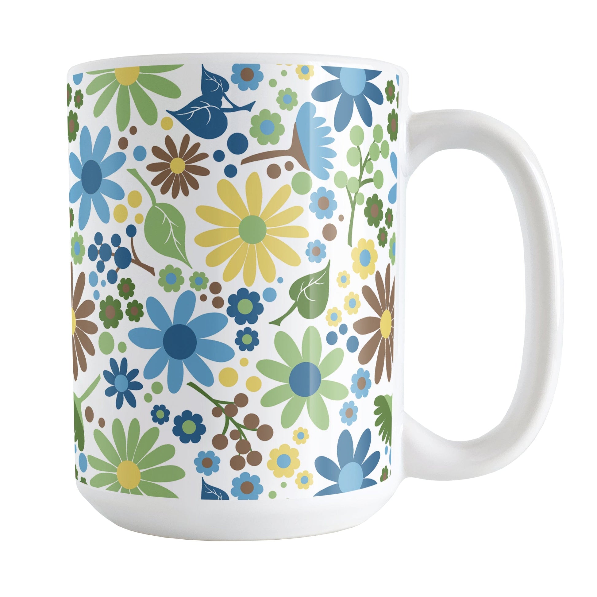 Sunny Summer Flowers Mug (15oz) at Amy's Coffee Mugs. A ceramic coffee mug designed with pretty floral wildflowers in a gorgeous summer color palette, with yellow, blue, green, and brown flowers and leaves in a pattern that wraps around the mug up to the handle.