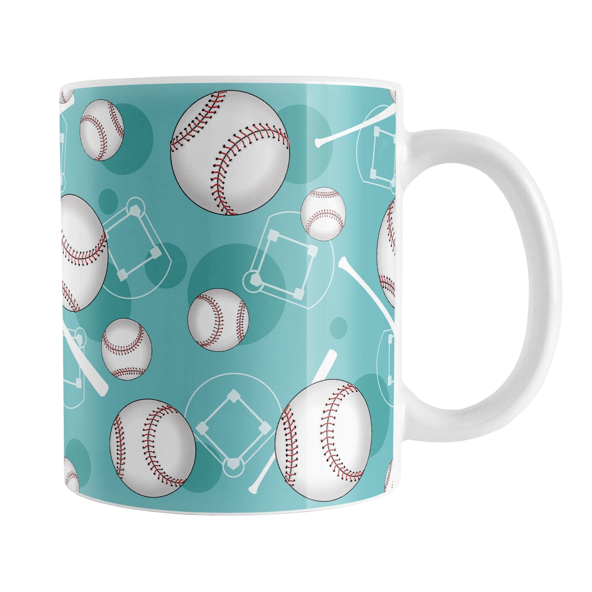 Teal Baseball Pattern Mug (11oz) at Amy's Coffee Mugs. A ceramic coffee mug designed with a pattern of baseballs, baseball diamonds, baseball bats, and teal circles over a light teal background color that wraps around the mug up to the handle.